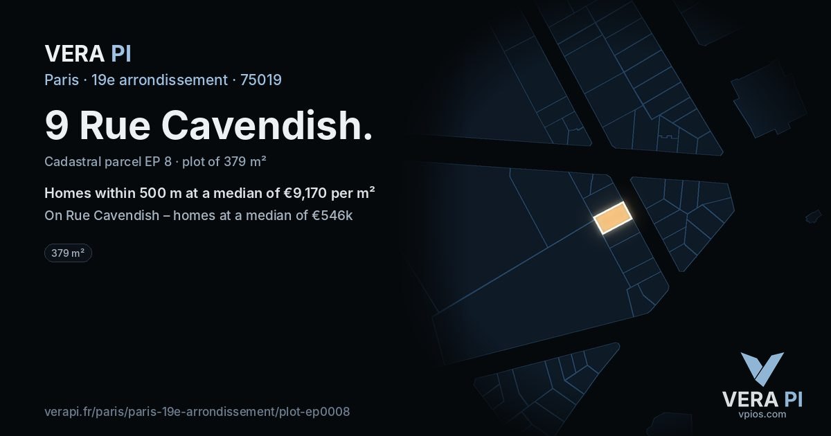 9 Rue Cavendish, 19e arrondissement at night – the plot lit, the parcels around coloured by the prices near them
