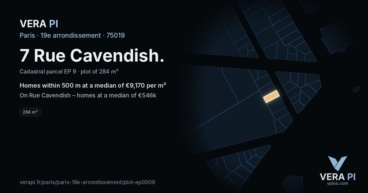 7 Rue Cavendish, 19e arrondissement at night – the plot lit, the parcels around coloured by the prices near them