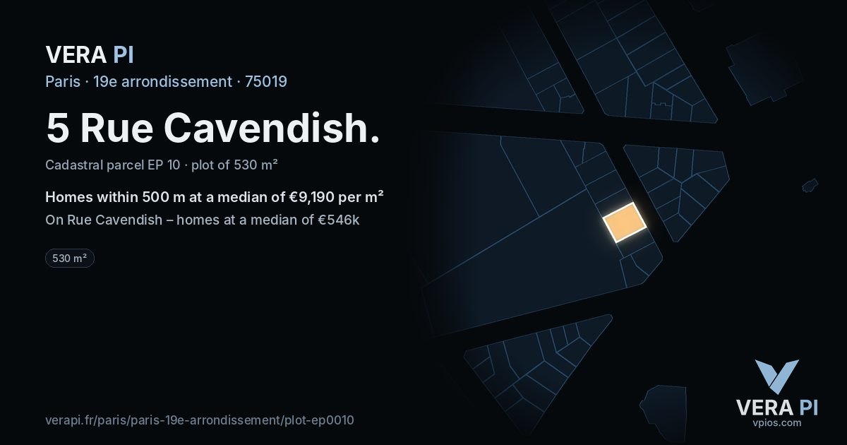 5 Rue Cavendish, 19e arrondissement at night – the plot lit, the parcels around coloured by the prices near them