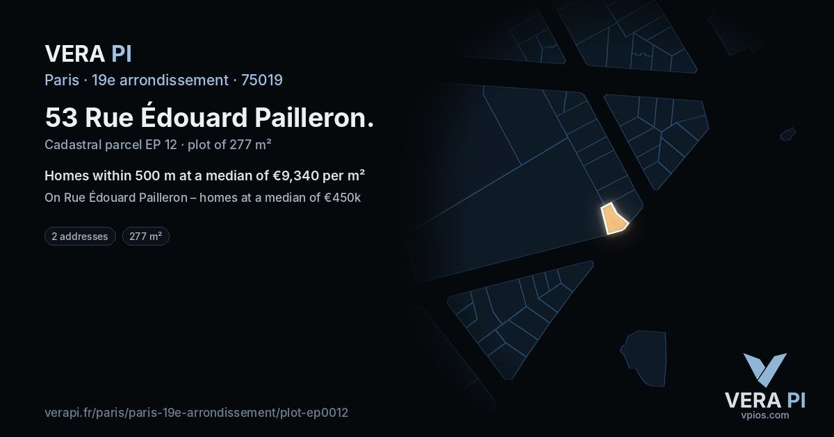 53 Rue Édouard Pailleron, 19e arrondissement at night – the plot lit, the parcels around coloured by the prices near them