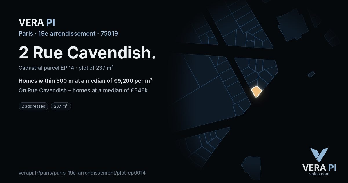 2 Rue Cavendish, 19e arrondissement at night – the plot lit, the parcels around coloured by the prices near them
