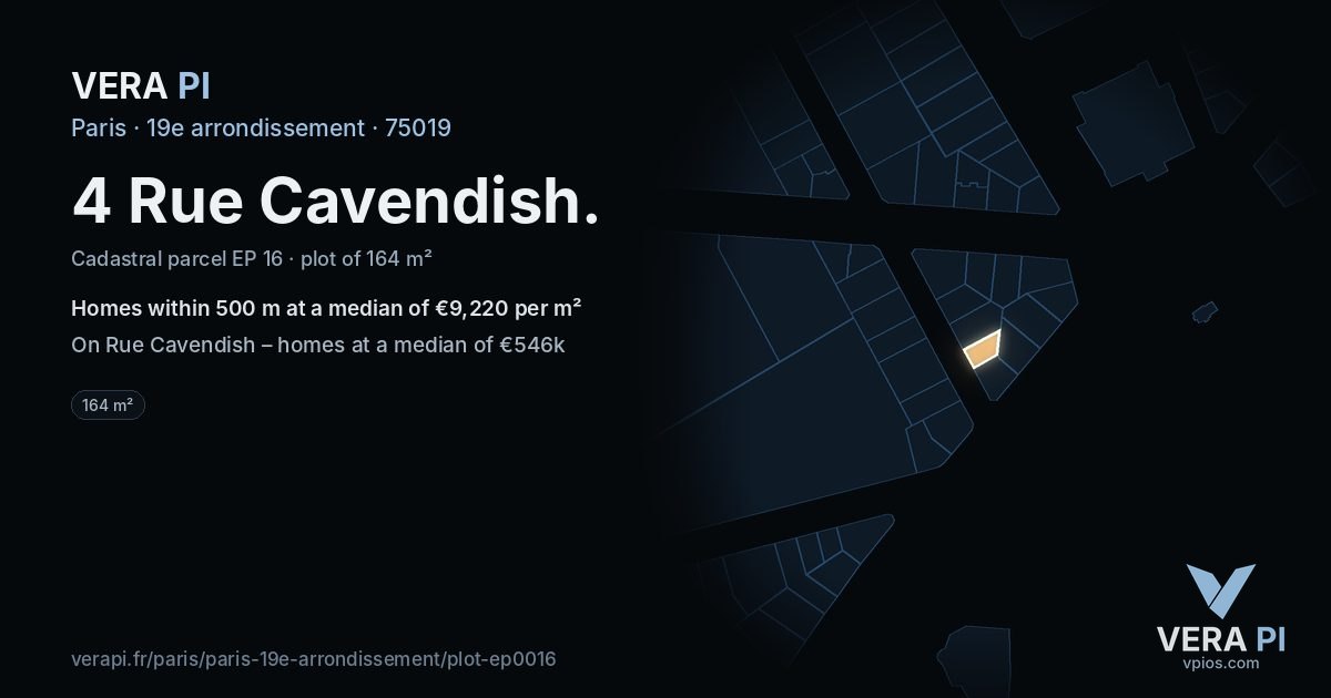 4 Rue Cavendish, 19e arrondissement at night – the plot lit, the parcels around coloured by the prices near them