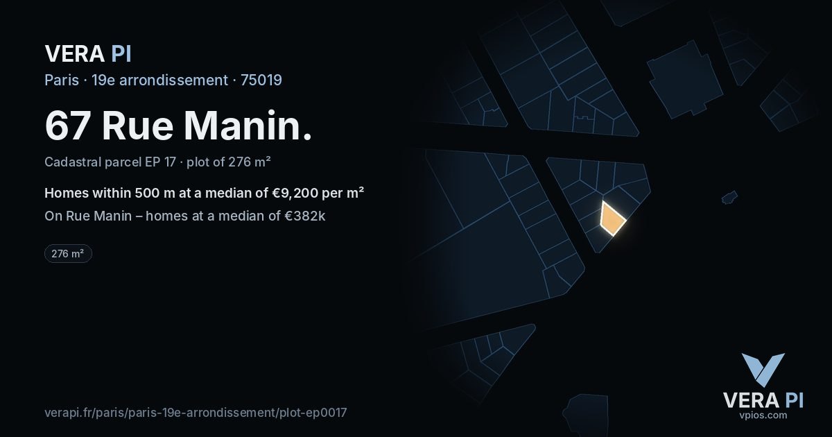 67 Rue Manin, 19e arrondissement at night – the plot lit, the parcels around coloured by the prices near them