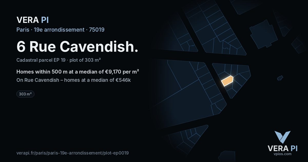 6 Rue Cavendish, 19e arrondissement at night – the plot lit, the parcels around coloured by the prices near them