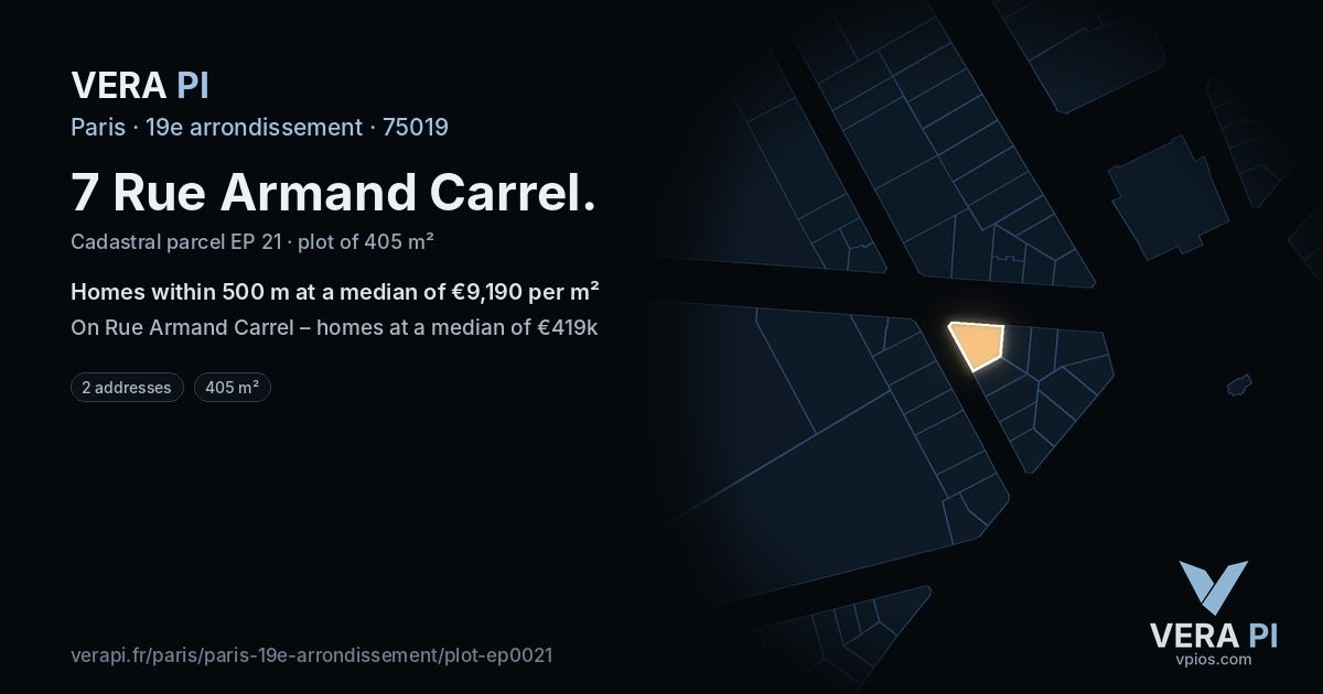 7 Rue Armand Carrel, 19e arrondissement at night – the plot lit, the parcels around coloured by the prices near them