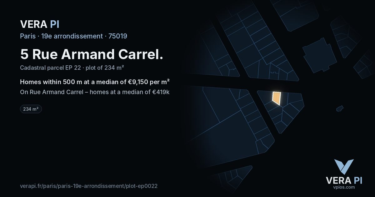 5 Rue Armand Carrel, 19e arrondissement at night – the plot lit, the parcels around coloured by the prices near them
