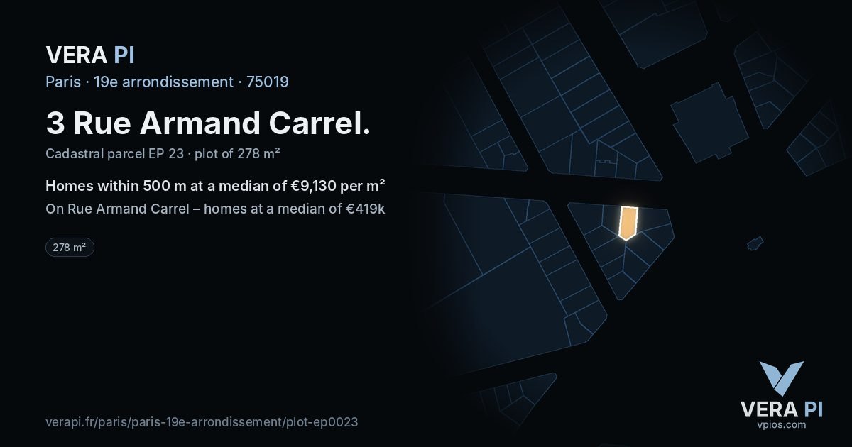 3 Rue Armand Carrel, 19e arrondissement at night – the plot lit, the parcels around coloured by the prices near them
