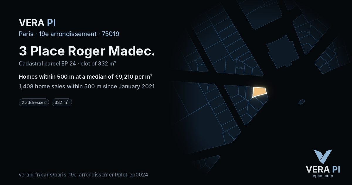 3 Place Roger Madec, 19e arrondissement at night – the plot lit, the parcels around coloured by the prices near them