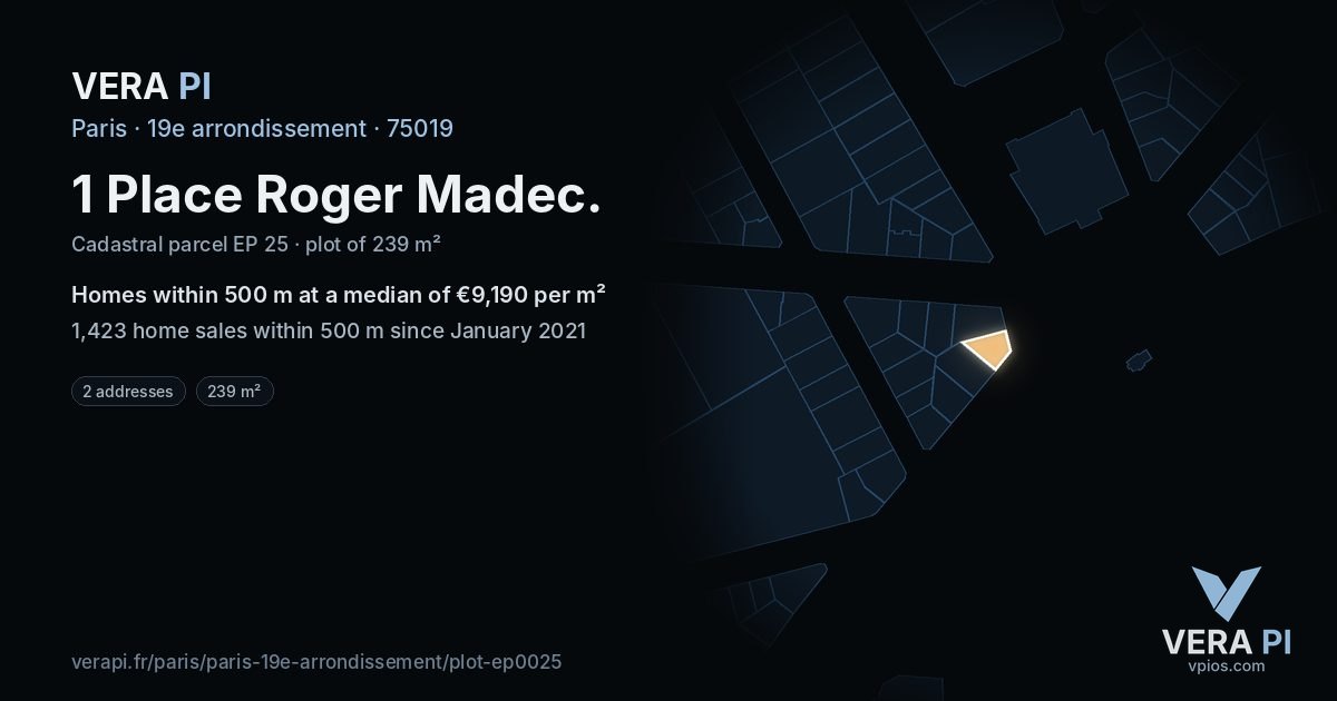1 Place Roger Madec, 19e arrondissement at night – the plot lit, the parcels around coloured by the prices near them
