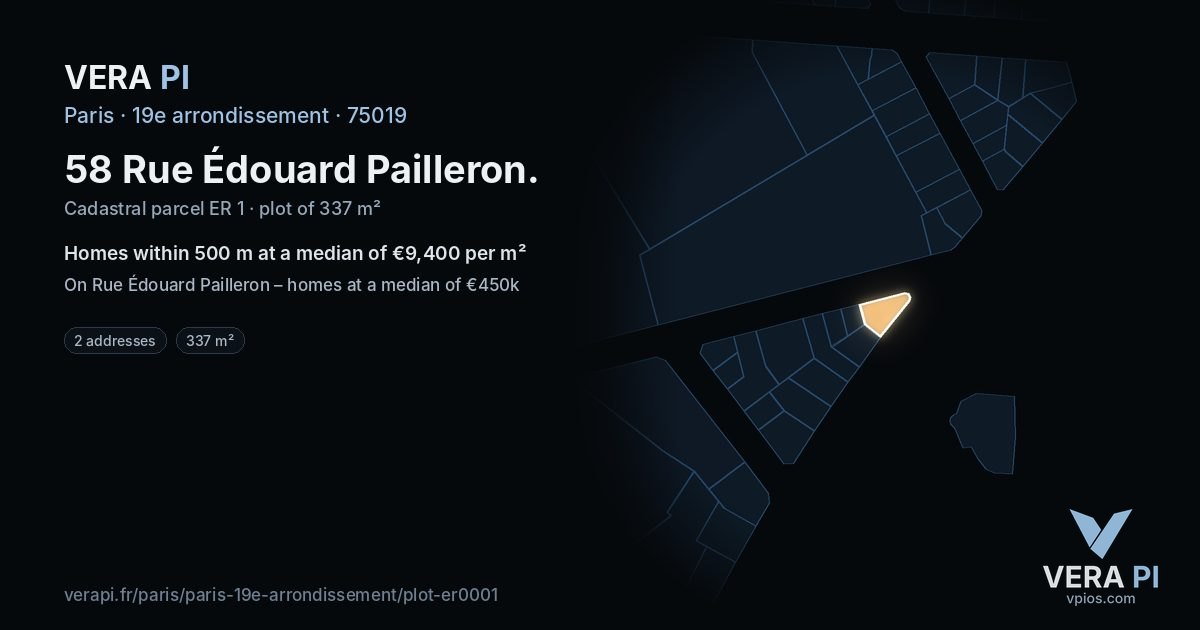 58 Rue Édouard Pailleron, 19e arrondissement at night – the plot lit, the parcels around coloured by the prices near them