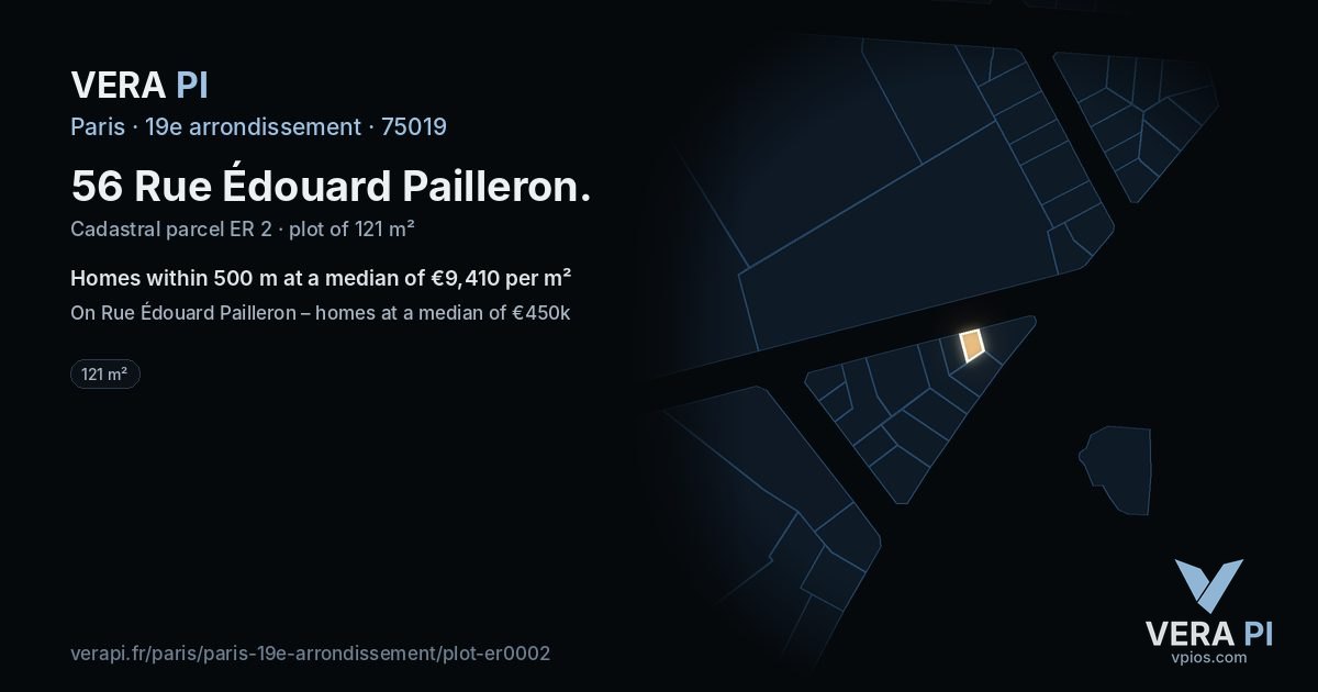 56 Rue Édouard Pailleron, 19e arrondissement at night – the plot lit, the parcels around coloured by the prices near them