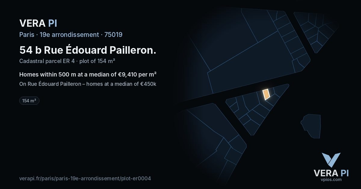 54 b Rue Édouard Pailleron, 19e arrondissement at night – the plot lit, the parcels around coloured by the prices near them