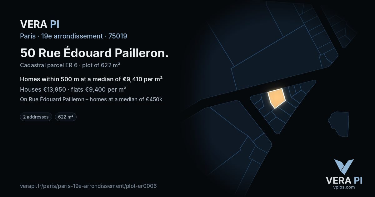50 Rue Édouard Pailleron, 19e arrondissement at night – the plot lit, the parcels around coloured by the prices near them
