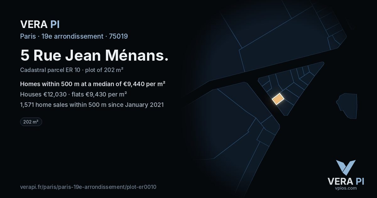 5 Rue Jean Ménans, 19e arrondissement at night – the plot lit, the parcels around coloured by the prices near them
