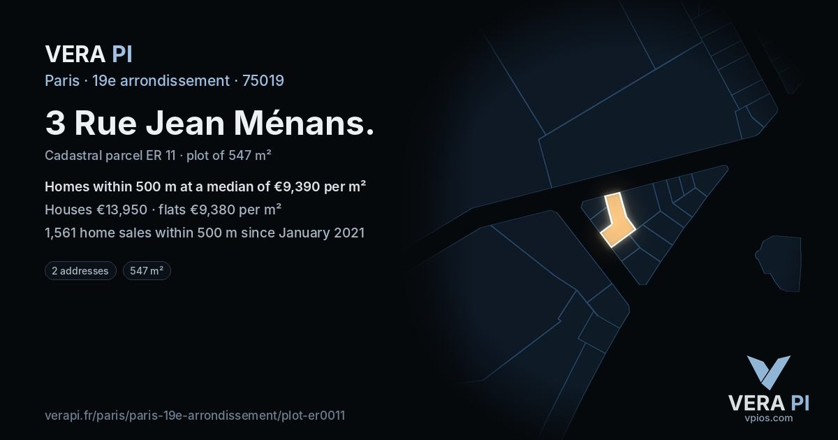 3 Rue Jean Ménans, 19e arrondissement at night – the plot lit, the parcels around coloured by the prices near them