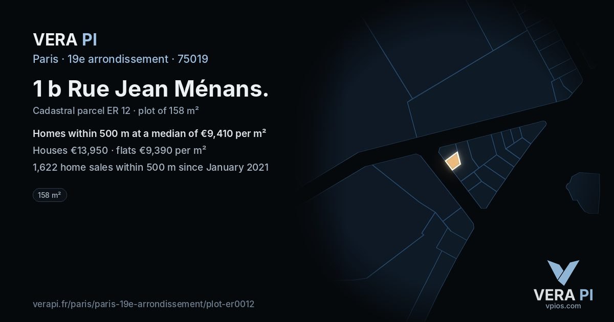 1 b Rue Jean Ménans, 19e arrondissement at night – the plot lit, the parcels around coloured by the prices near them