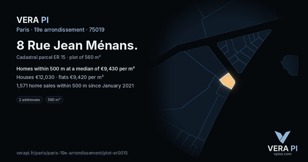 8 Rue Jean Ménans, 19e arrondissement at night – the plot lit, the parcels around coloured by the prices near them