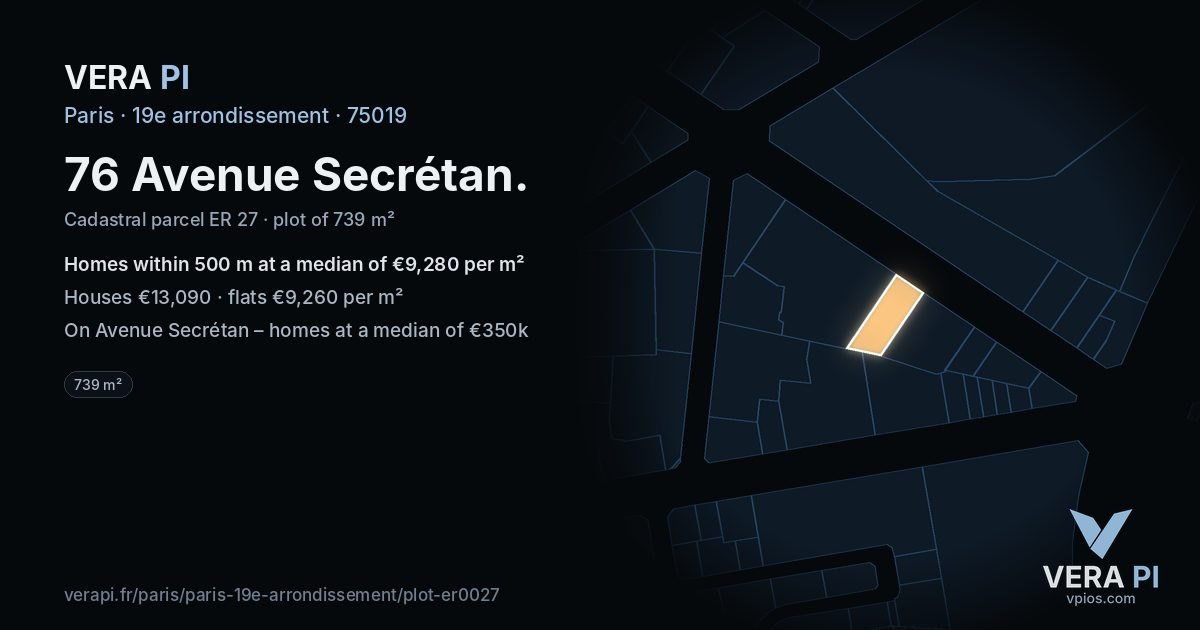 76 Avenue Secrétan, 19e arrondissement at night – the plot lit, the parcels around coloured by the prices near them