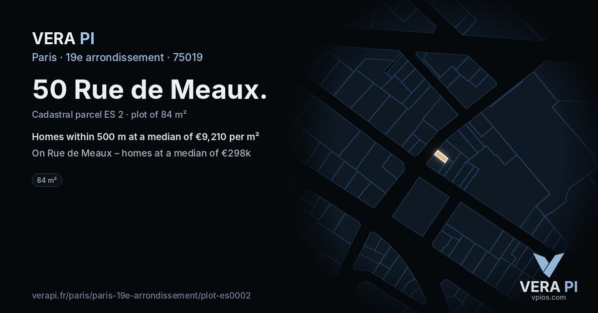 50 Rue de Meaux, 19e arrondissement at night – the plot lit, the parcels around coloured by the prices near them