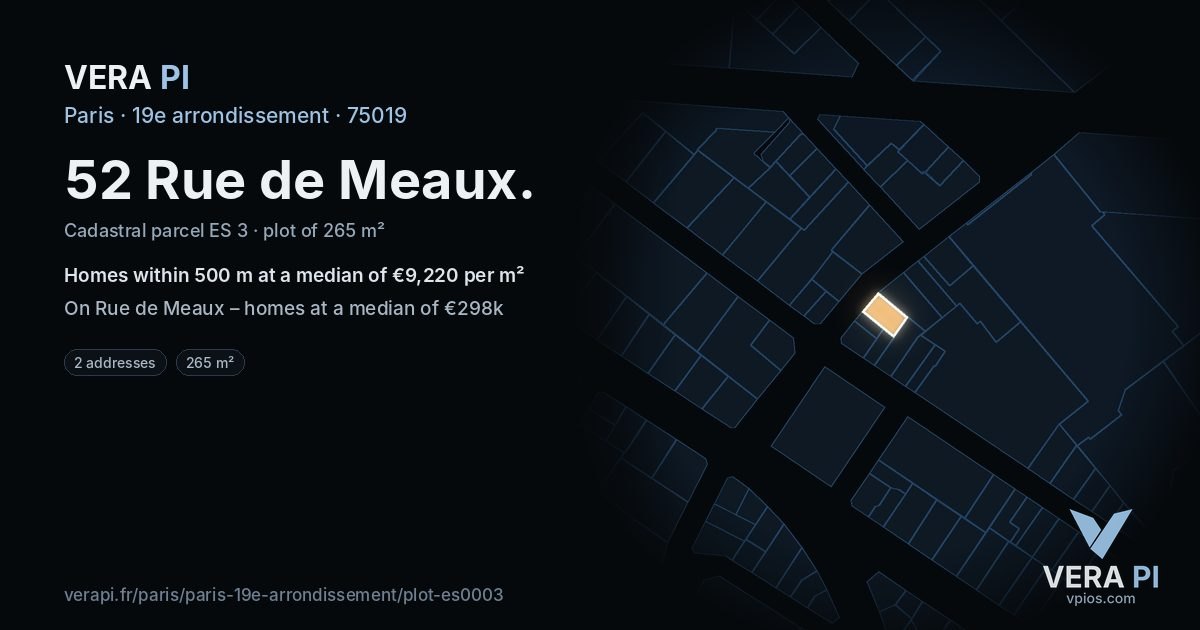 52 Rue de Meaux, 19e arrondissement at night – the plot lit, the parcels around coloured by the prices near them