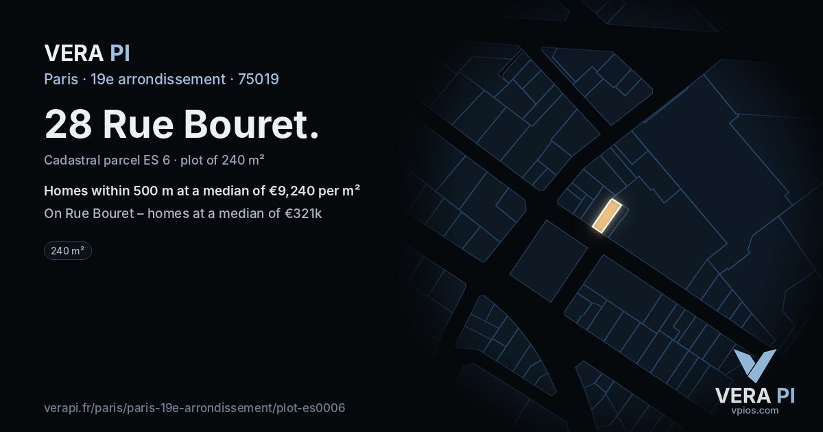 28 Rue Bouret, 19e arrondissement at night – the plot lit, the parcels around coloured by the prices near them