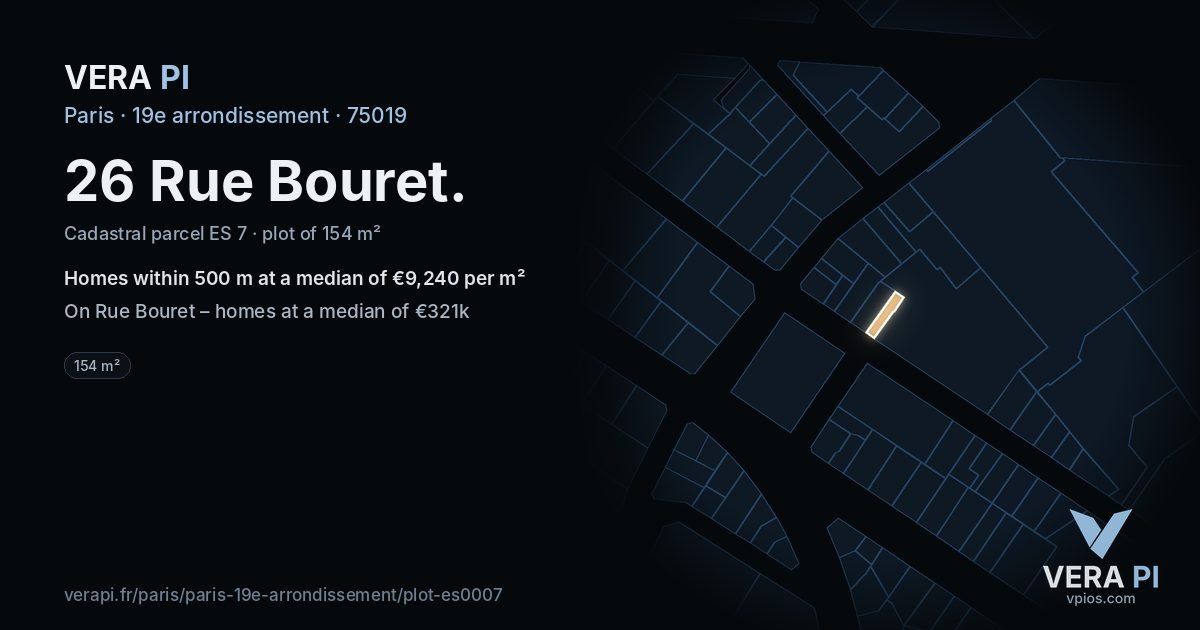26 Rue Bouret, 19e arrondissement at night – the plot lit, the parcels around coloured by the prices near them