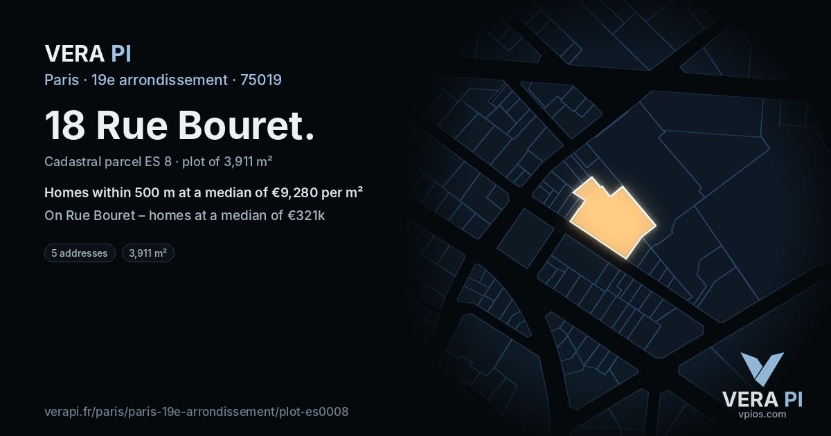 18 Rue Bouret, 19e arrondissement at night – the plot lit, the parcels around coloured by the prices near them