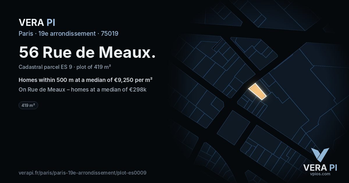 56 Rue de Meaux, 19e arrondissement at night – the plot lit, the parcels around coloured by the prices near them