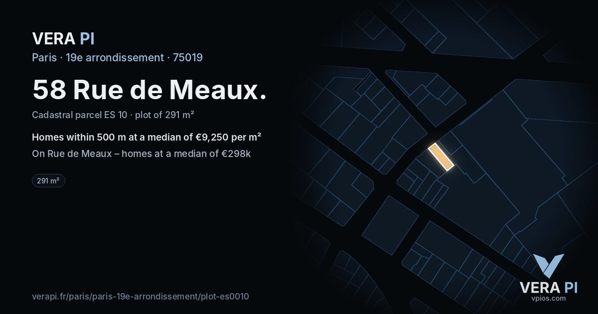 58 Rue de Meaux, 19e arrondissement at night – the plot lit, the parcels around coloured by the prices near them