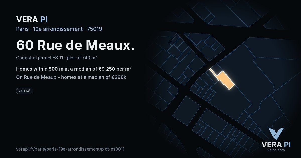 60 Rue de Meaux, 19e arrondissement at night – the plot lit, the parcels around coloured by the prices near them