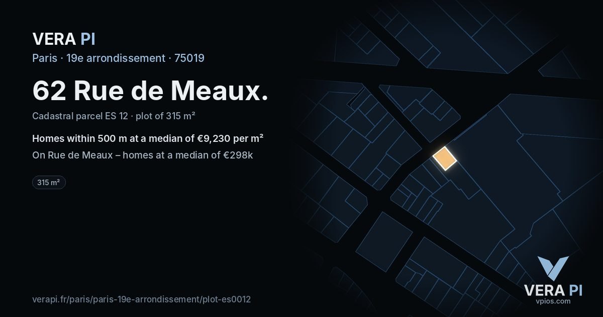 62 Rue de Meaux, 19e arrondissement at night – the plot lit, the parcels around coloured by the prices near them
