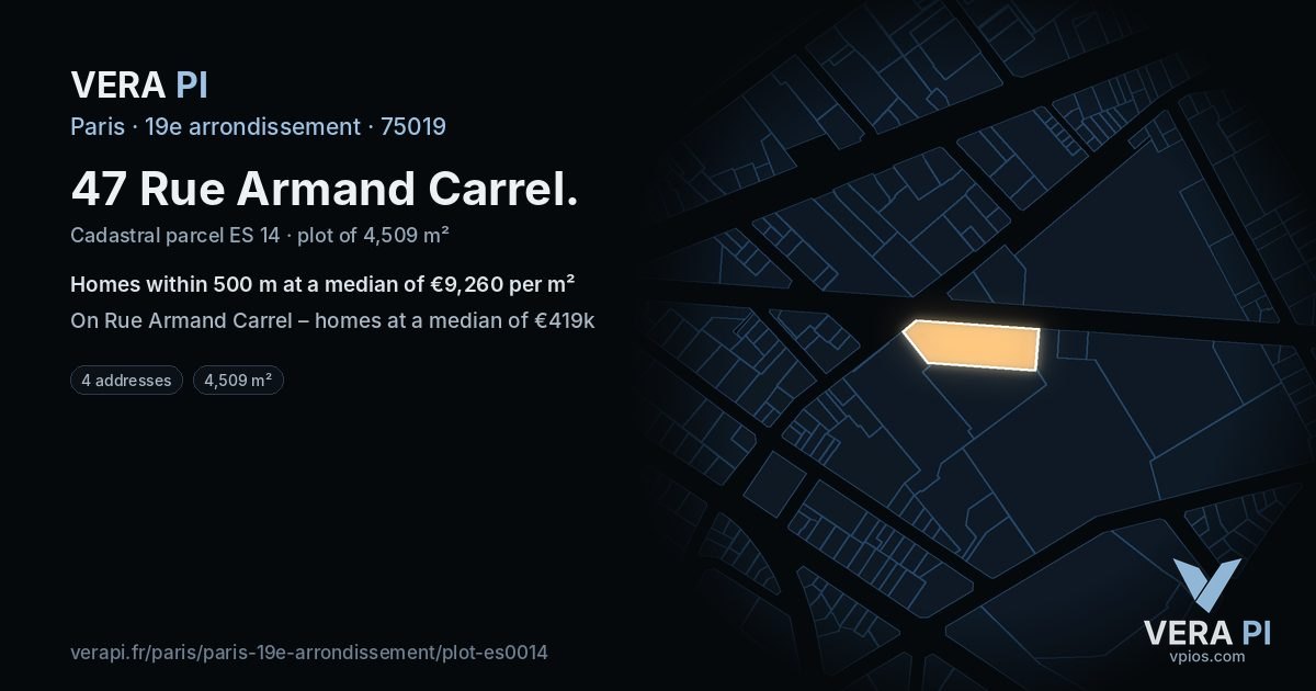 47 Rue Armand Carrel, 19e arrondissement at night – the plot lit, the parcels around coloured by the prices near them