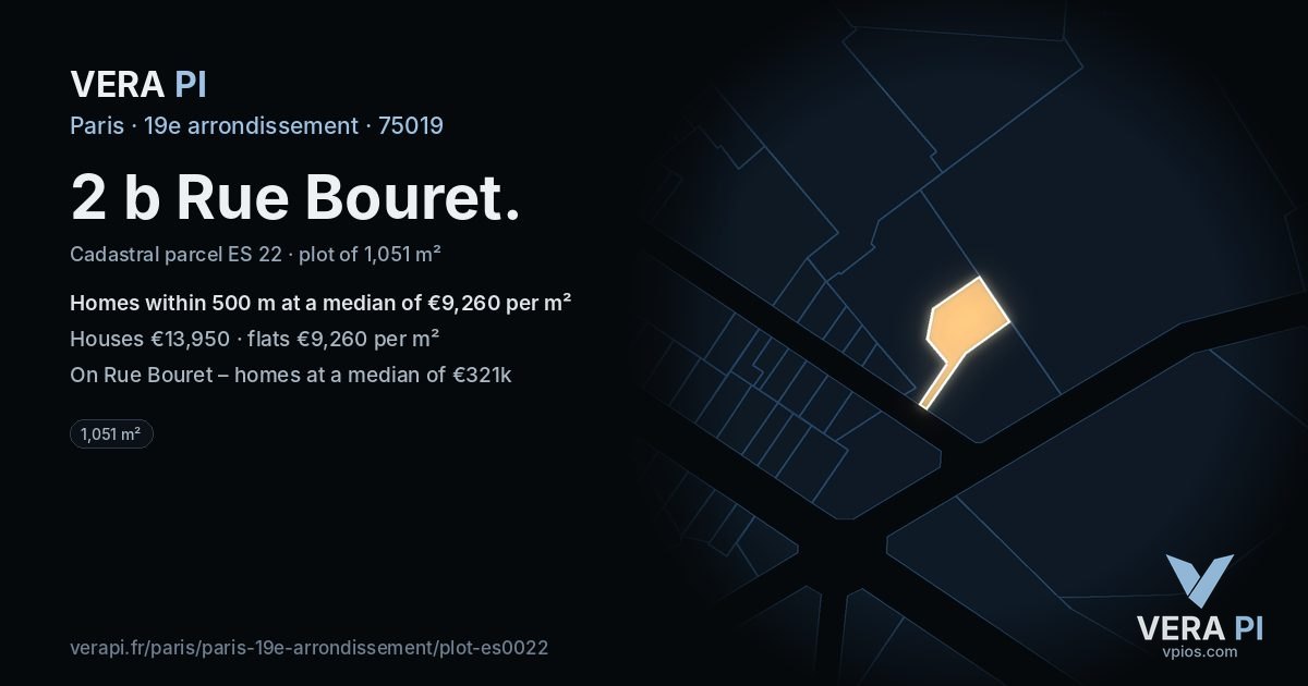 2 b Rue Bouret, 19e arrondissement at night – the plot lit, the parcels around coloured by the prices near them
