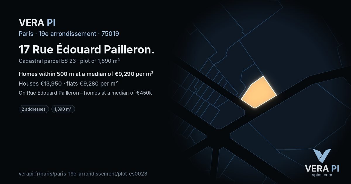 17 Rue Édouard Pailleron, 19e arrondissement at night – the plot lit, the parcels around coloured by the prices near them