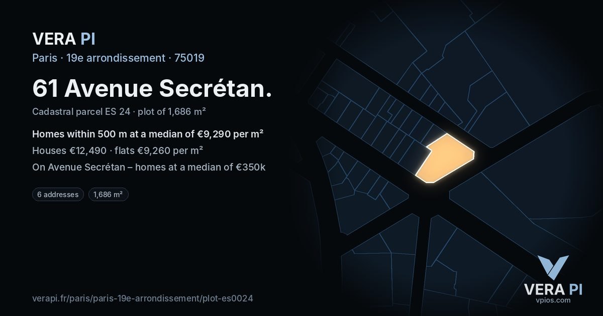 61 Avenue Secrétan, 19e arrondissement at night – the plot lit, the parcels around coloured by the prices near them