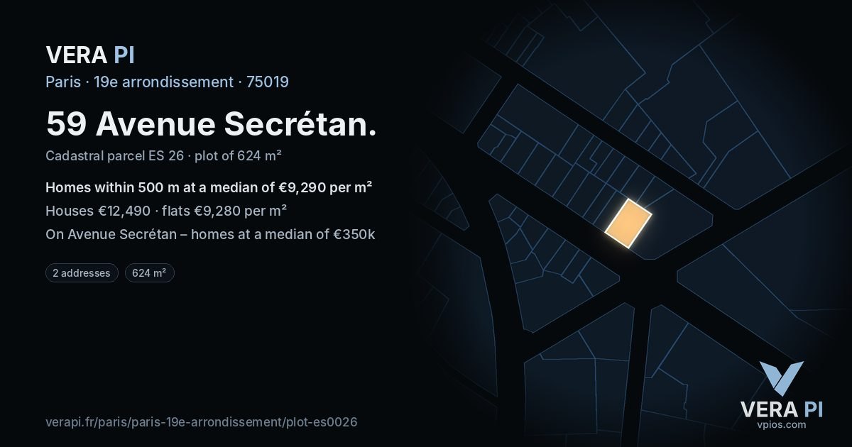 59 Avenue Secrétan, 19e arrondissement at night – the plot lit, the parcels around coloured by the prices near them
