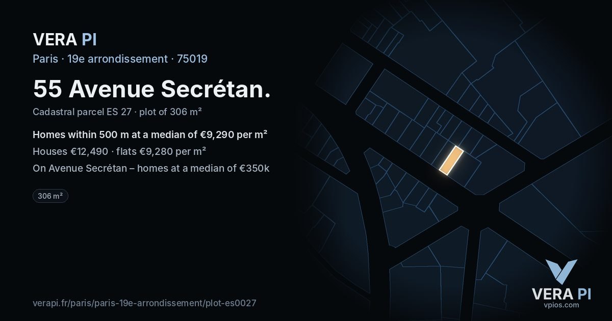 55 Avenue Secrétan, 19e arrondissement at night – the plot lit, the parcels around coloured by the prices near them