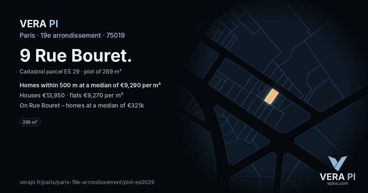 9 Rue Bouret, 19e arrondissement at night – the plot lit, the parcels around coloured by the prices near them