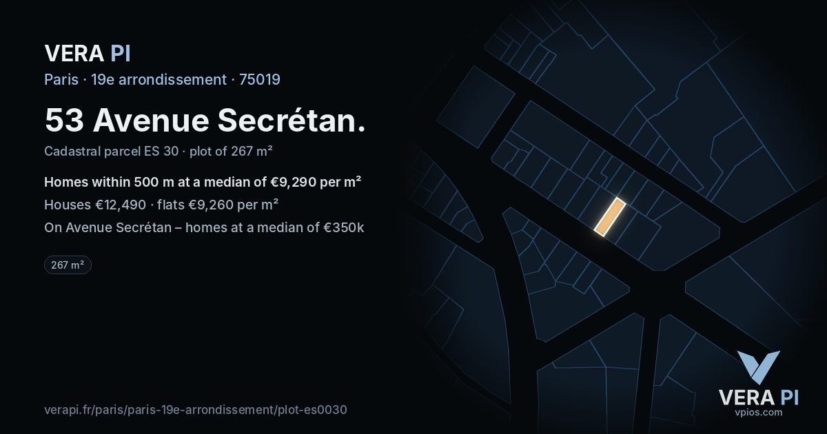 53 Avenue Secrétan, 19e arrondissement at night – the plot lit, the parcels around coloured by the prices near them