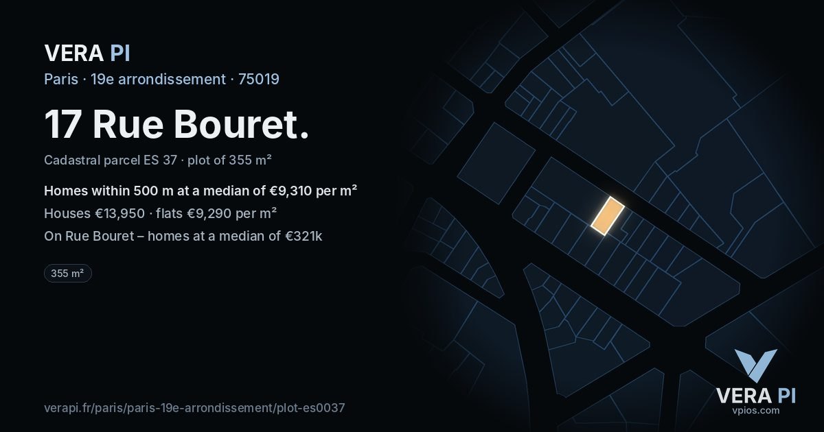 17 Rue Bouret, 19e arrondissement at night – the plot lit, the parcels around coloured by the prices near them