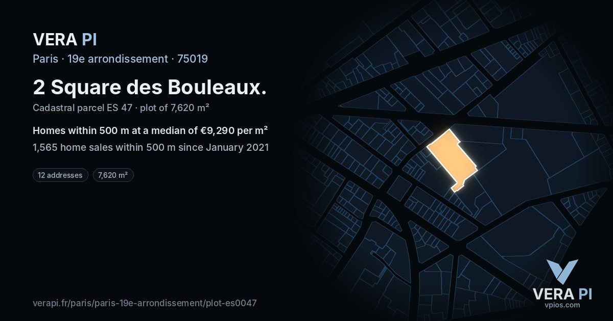2 Square des Bouleaux, 19e arrondissement at night – the plot lit, the parcels around coloured by the prices near them