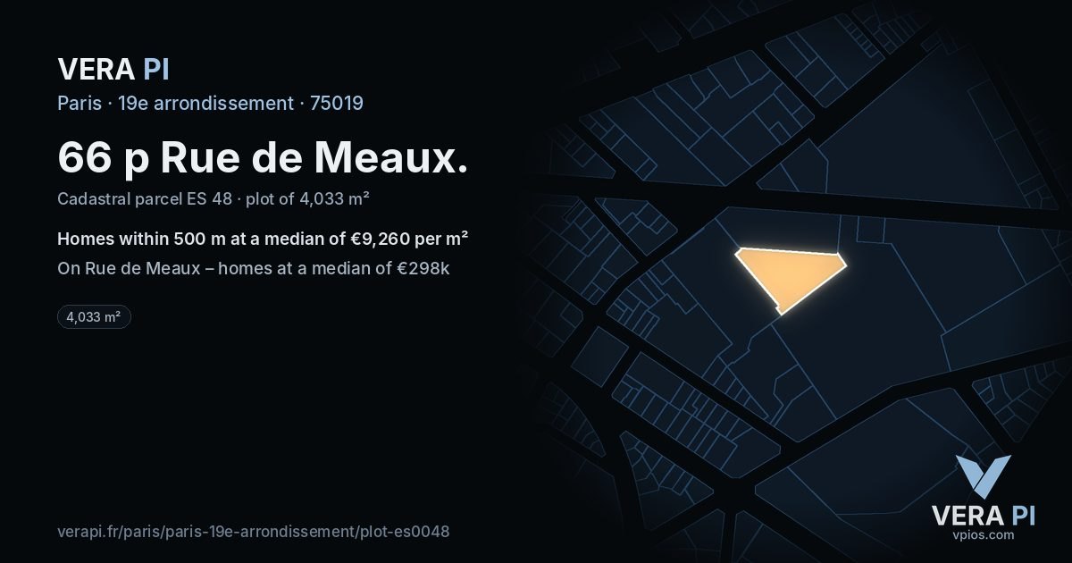 66 p Rue de Meaux, 19e arrondissement at night – the plot lit, the parcels around coloured by the prices near them
