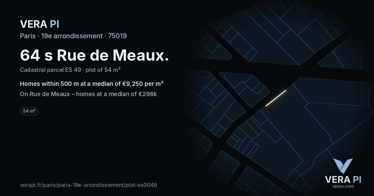 64 s Rue de Meaux, 19e arrondissement at night – the plot lit, the parcels around coloured by the prices near them