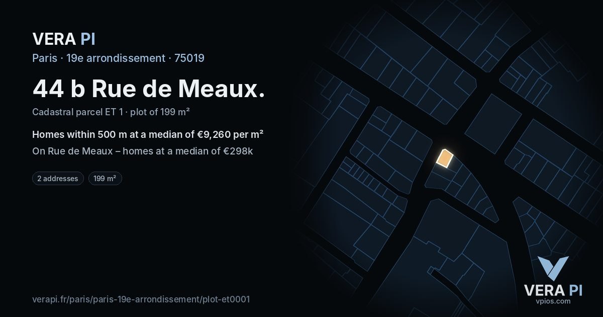 44 b Rue de Meaux, 19e arrondissement at night – the plot lit, the parcels around coloured by the prices near them
