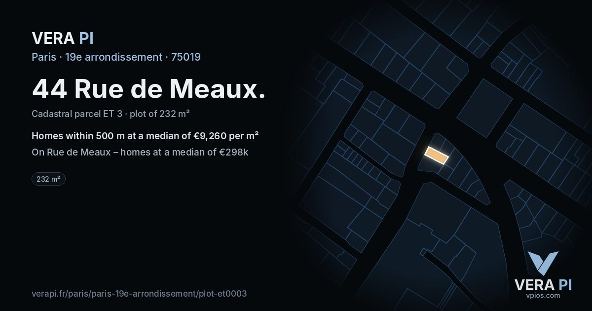 44 Rue de Meaux, 19e arrondissement at night – the plot lit, the parcels around coloured by the prices near them
