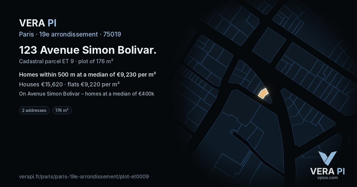 123 Avenue Simon Bolivar, 19e arrondissement at night – the plot lit, the parcels around coloured by the prices near them