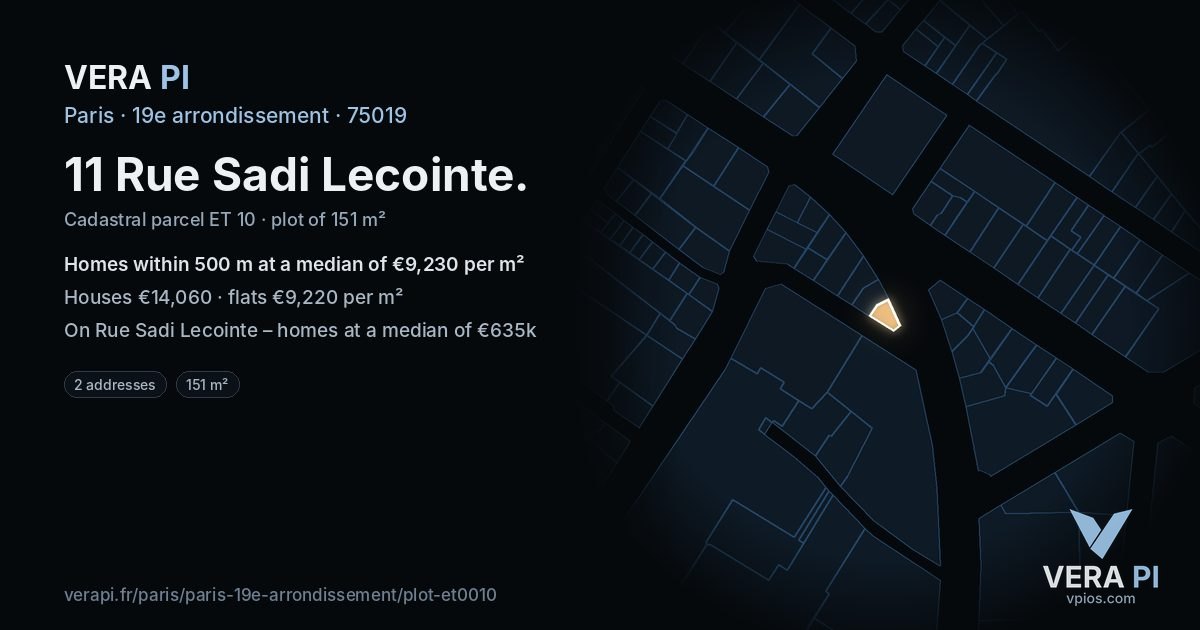 11 Rue Sadi Lecointe, 19e arrondissement at night – the plot lit, the parcels around coloured by the prices near them