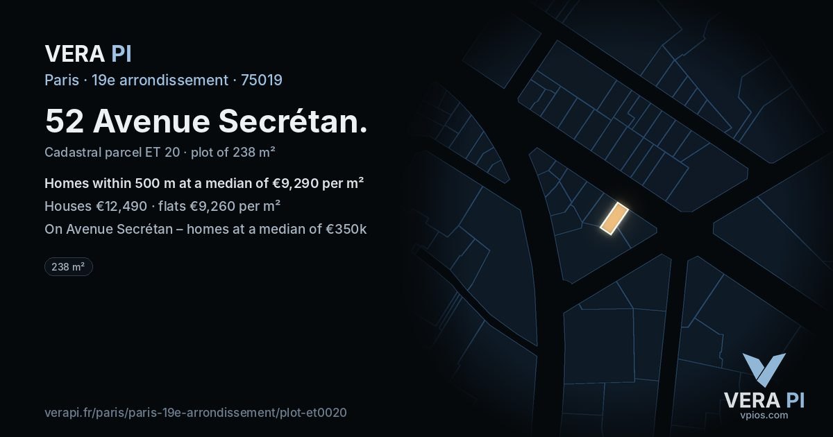 52 Avenue Secrétan, 19e arrondissement at night – the plot lit, the parcels around coloured by the prices near them