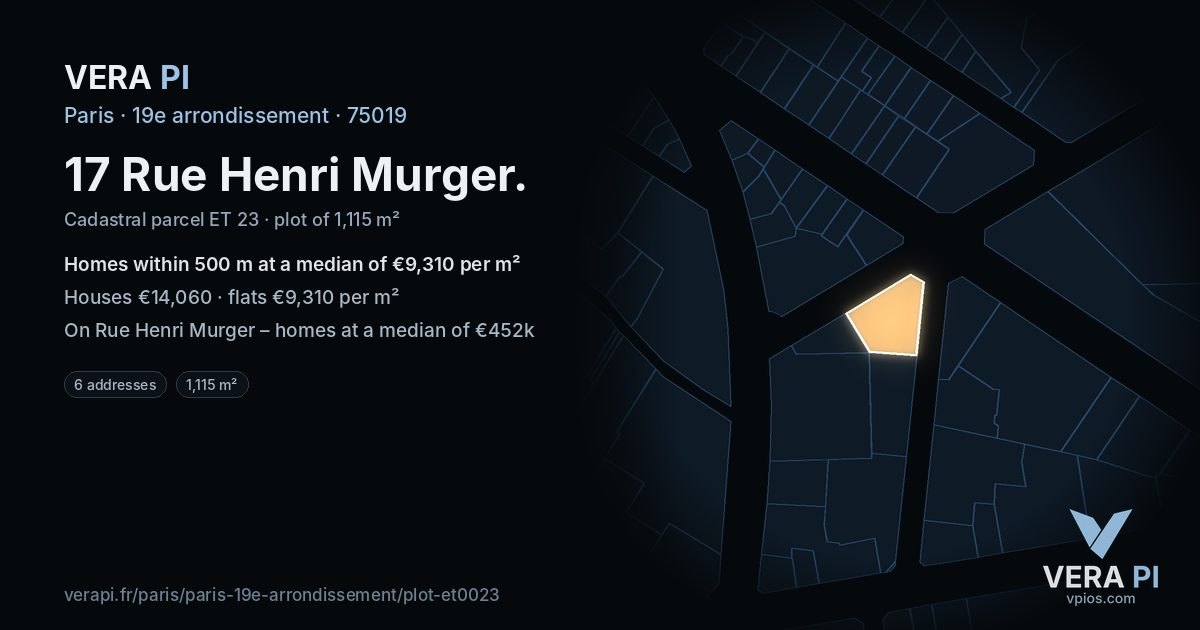 17 Rue Henri Murger, 19e arrondissement at night – the plot lit, the parcels around coloured by the prices near them
