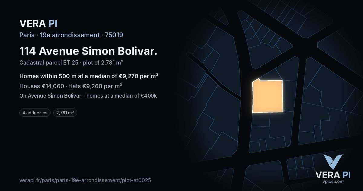 114 Avenue Simon Bolivar, 19e arrondissement at night – the plot lit, the parcels around coloured by the prices near them